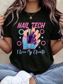 Comfortable100% cotton Uniforme de trabajo para técnico de uñas, esmalte de uñas, técnico de uñas, me encanta mi camisetaFashion All-match Women's Short Sleeve T-shirt, Basic Style for Inner & Outer Wear - Negro - Ver 7