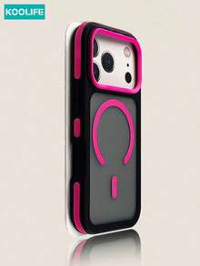 Koolife 1 pieza Funda magnética para teléfono con borde de contraste negro y rosa, 2 en 1 pieza+TPU Carcasa protectora translúcida mate, anti-caída anti-deslizante, compatible con Apple 17/17pro/17promax - Rosa Fucsia - Ver 4