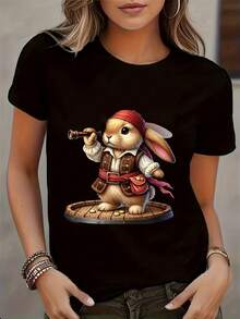 Women's T-Shirt Soft And Comfortable Women's T-Shirt With Easter And Pirate Motifs, Casual Round Neck, Short Sleeve, Machine Washable, Perfect Choice For Spring And Summer. - 黑色 - 查看 1