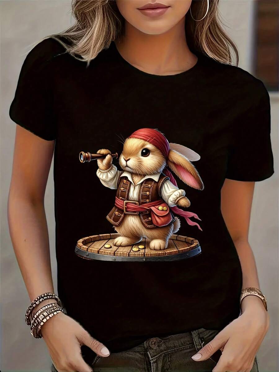 Women's T-Shirt Soft And Comfortable Women's T-Shirt With Easter And Pirate Motifs, Casual Round Neck, Short Sleeve, Machine Washable, Perfect Choice For Spring And Summer. - 黑色 - 查看 1