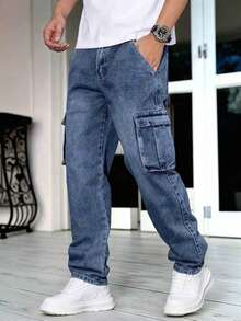 Teen Boy Casual Pocket Minimalist All-Season Elastic Waist Denim Cargo Pants, Everyday Casual - Medium Wash - View 1