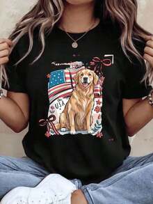 Oferta por tiempo limitado, cantidad limitada disponible,  relámpago, camisas de mujer, camisetas de mujer ¡Dios bendiga a América!Camiseta patriótica con la bandera estadounidense y diseño de Golden Retriever, para mujer, ideal para ocasiones informales, perfecta para las celebraciones del Día de la Independencia/4 de julio. - Negro - Ver 11