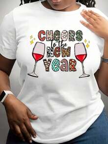 100% algodón, camiseta de mujer con estampado de copa de vino y patrón colorido para celebrar el Año Nuevo. - Blanco - Ver 7