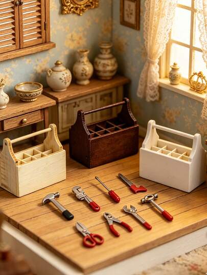 1 Set Vintage Mini Realistic Tool Box Set, Including Saw Blade, Wrench, Scissors, Hammer, Pliers, Mallet, Screwdriver, Hydraulic Pliers, Etc. Multi-Color Options, Creative Mini Furniture Decor, Office Desk Accessory, Mini Handicraft, Indoor Decoration, Photography Prop