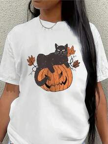 Camiseta de manga corta, ligera y duradera, con diseño de calabaza de Halloween y gato, es perfecta para uso casual en casa o como atuendo de fiesta, lo que la convierte en una opción ideal para celebraciones de otoño y fiestas de disfraces. - Blanco - Ver 7