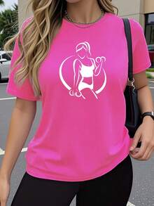 Women's Summer Clothes 2026, Short Sleeve T-Shirt, Y2K Style, Round Neck, Simple Fashion, Casual Sportswear For Training, Short Sleeve T-Shirt, Artistic And Modern Design With Sports Figure Print. 6G12 - 玫紅色 - 查看 6
