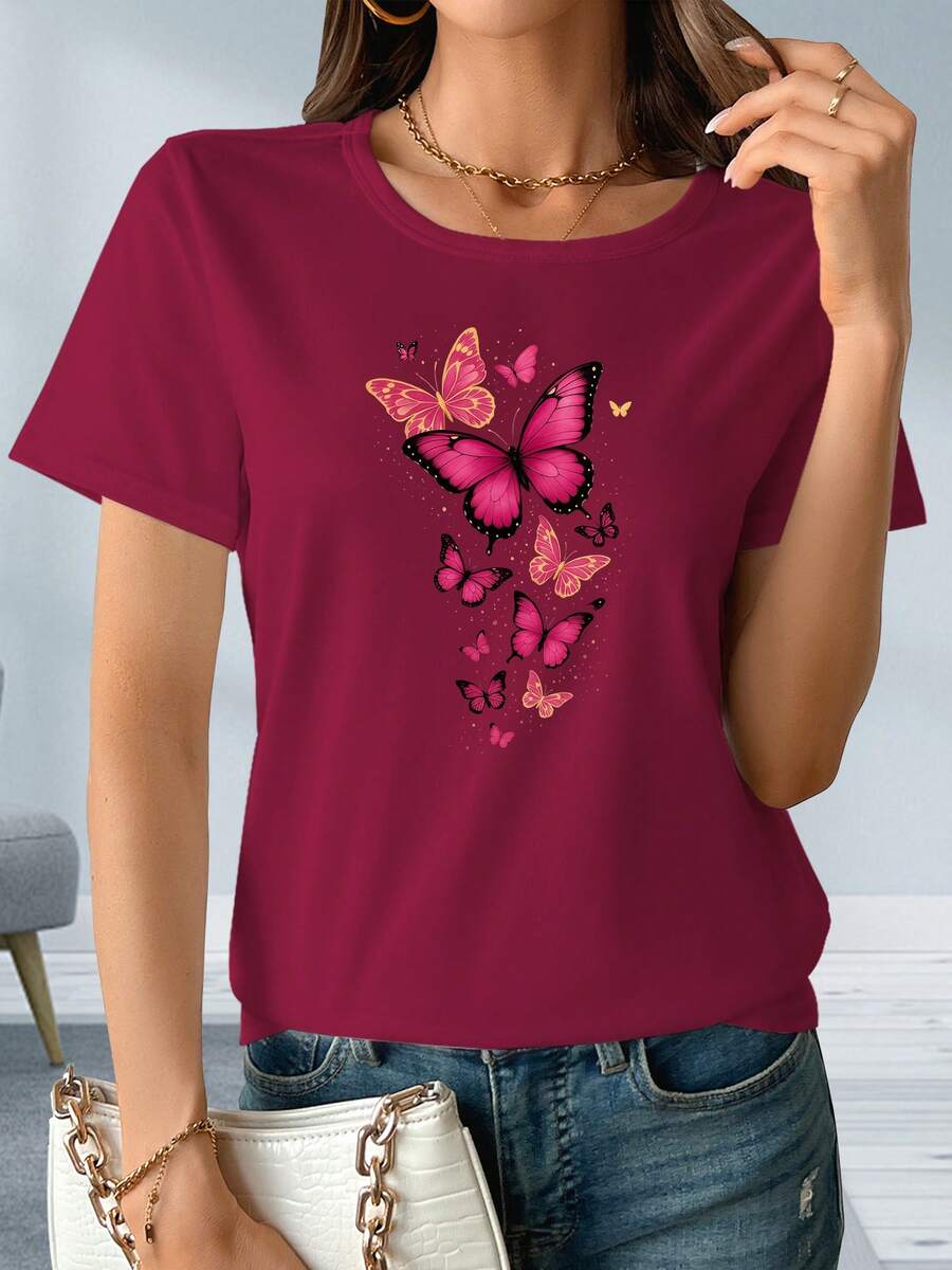 Women's Casual T-Shirt With Butterfly Print - Short Sleeve, Round Neck, Stretch Fabric, Bright Pink Butterfly Design, Suitable For Spring, Summer And Autumn, SMGE Butterfly T-Shirt - 紅色 - 查看 1
