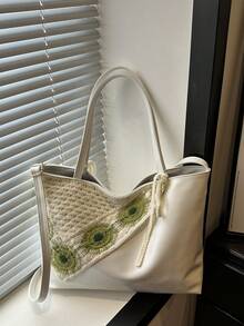 1pc Women's Casual Tote Bag, Large Capacity Shoulder Bag, Fashionable Shopping Bag, Minimalist Nylon Fabric Handbag, Lightweight Leisure Tote Bag, Lace Applique Small Shoulder Tote Bag, Ideal For Commuting, Mother's Day Gift, Shoulder Bag, Underarm Bag - Beige - View 12