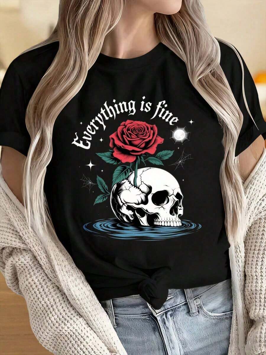 Women's And Men's Crew Neck Short Sleeve T-Shirts, Skull And Rose Print T-Shirt, Gothic Style For Women, Black T-Shirt With Red Rose And Human Skull Design For Casual Wear. Fun Prints Ideal For Christmas Parties, Sporting Activities, Holiday Parties, Outings, Sports And Other Festive Gifts. - 黑色 - 查看 1