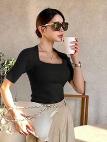Blusa de punto de cuello cuadrado transformable ajustada para mujer, tops lindos de verano - Negro - Ver 5