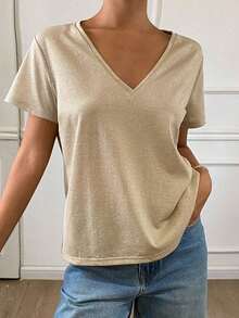 Camiseta casual holgada de mujer de unicolor con cuello en V y mangas cortas, ropa casual de negocios para mujer - Albaricoque 2 - Ver 2