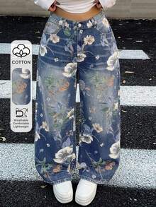 Plus Jeans de pierna recta con estampado floral para mujer de talla grande, de verano - Azul lavado medio - Ver 1