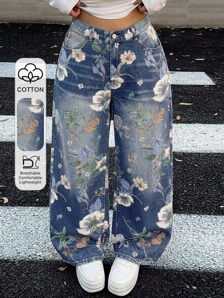 Plus Jeans de pierna recta con estampado floral para mujer de talla grande, de verano - Azul lavado medio - Ver 1