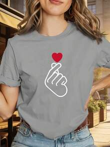 1 pieza de la camiseta de manga corta con cuello redondo de estilo de diseñador "Saranghae K-Pop I Love You" con diseño de corazón al estilo coreano, cómoda y casual, adecuada para uso diario y para combinaciones de moda, 180g 100% algodón. - Negro - Ver 5