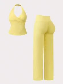 NcmRyu 1 Bộ đồ thể thao hở lưng hở lưng gợi cảm cổ chữ V sâu cho nữ - Màu vàng - Xem 11
