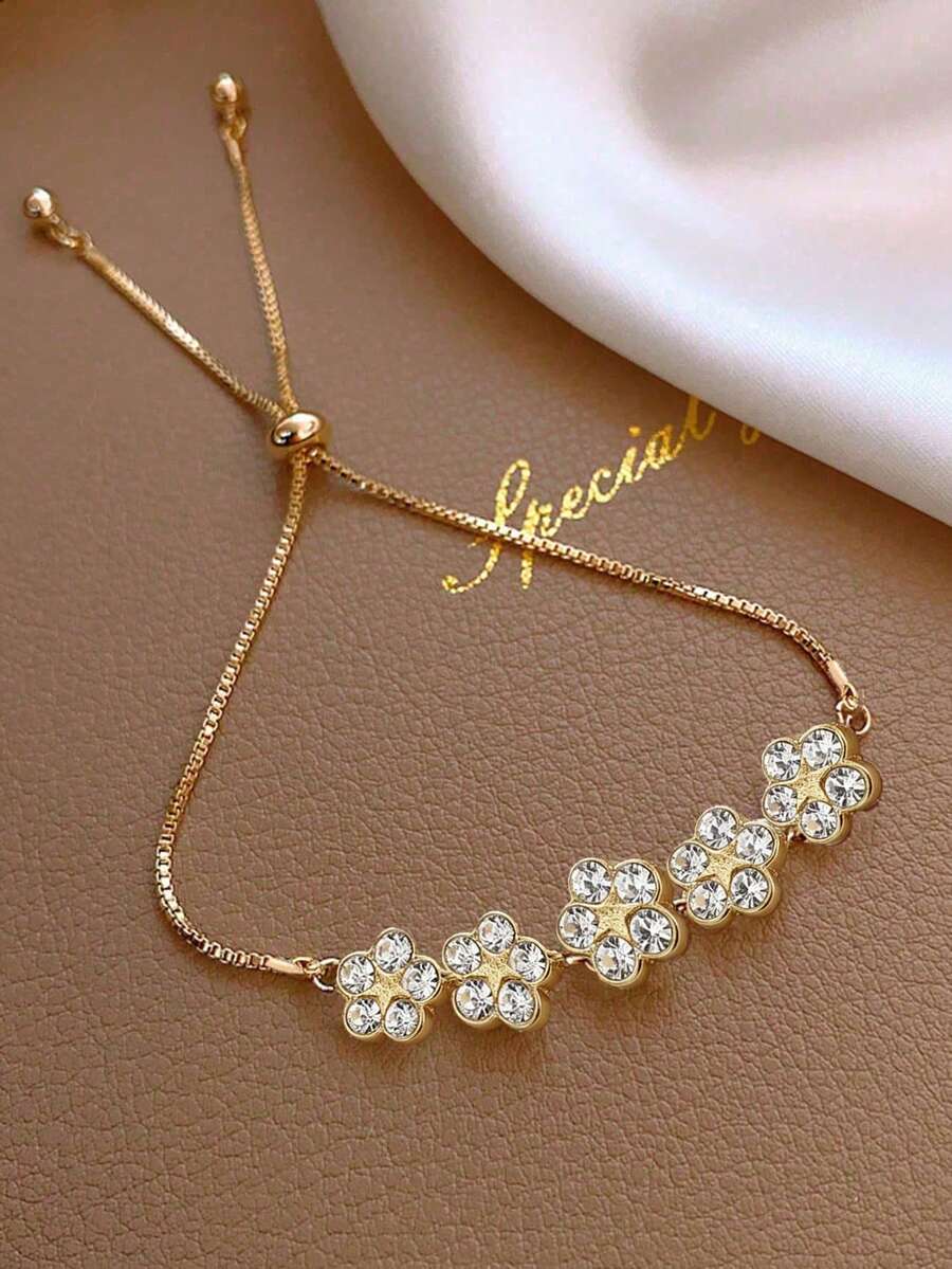 1 buah Gelang Bintang Hiasan Bunga 5 Buah dengan Rhinestone yang Dapat Diatur, Rantai Logam Cocok untuk Pemakaian Sehari-hari Remaja, Hadiah (Bahan Paduan Logam, Harap Tangani dengan Hati-hati, Hindari Tarikan Berlebihan) - MultiWarna - View 1