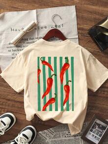 Nueva Camiseta Casual de Verano con Estampado de Pimientos, Cuello Redondo y Manga Corta, Blusa Versátil y Moderna para Mujer - Estilo Vintage Urbano, Unisex, de Algodón Suelto y Manga Corta. blusas.blusas casuales para dama. - Albaricoque - Ver 2