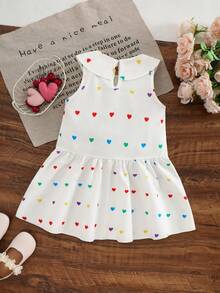 Girls' Pure White Sleeveless Dress With A Peter Pan Collar, Vertical Ruffles, And A Loose A-Line Skirt With Colorful Heart Prints All Over - White - View 5