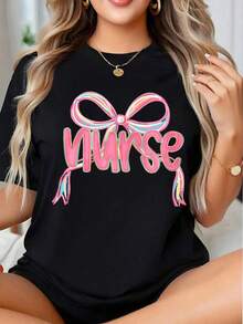 Camiseta Gráfica con Diseño de Lazo de Enfermera para Mujer, Regalo de Orgullo Profesional, Estilo Urbano Vintage, Unisex, de Algodón, Manga Corta, Cuello Redondo, 100% Algodón - Negro - Ver 1