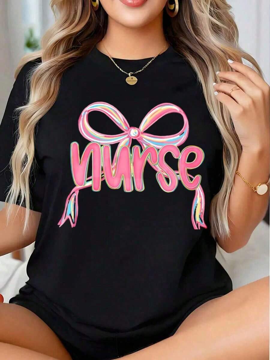 Camiseta Gráfica con Diseño de Lazo de Enfermera para Mujer, Regalo de Orgullo Profesional, Estilo Urbano Vintage, Unisex, de Algodón, Manga Corta, Cuello Redondo, 100% Algodón - Negro - Ver 1