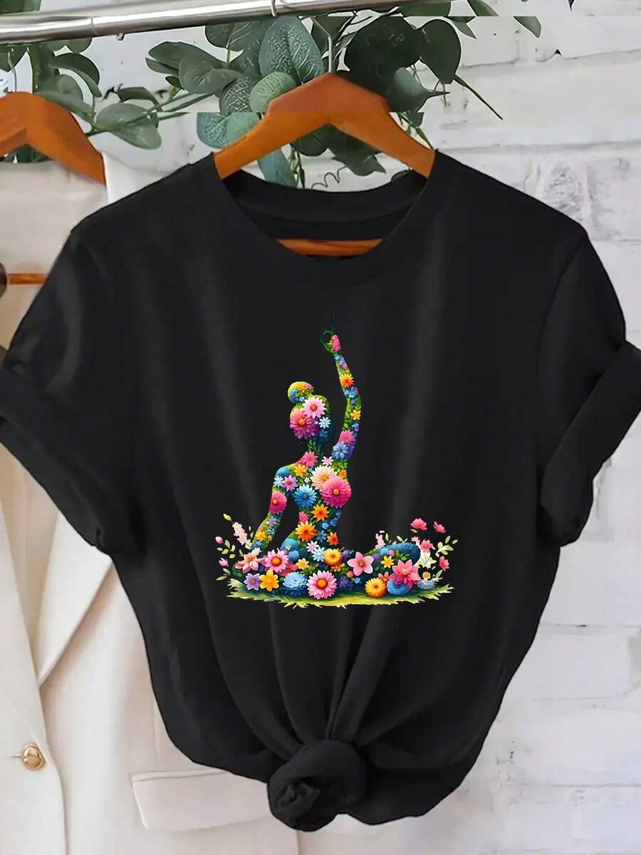 Women's T-Shirt: This Women's Short-Sleeved, Crew-Neck T-Shirt Features A Yoga Print And Is Casual And Comfortable, Perfect For Everyday Wear. The Print And Comfortable Crew-Neck Design Make It The Perfect Choice For Your Summer Wardrobe. - 黑色 - 查看 1