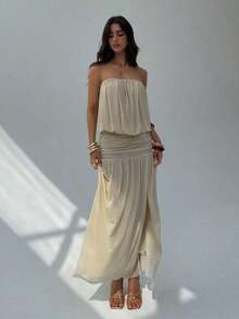 2026 Vestido sin tirantes y sin espalda de color albaricoque para mujer, vestido largo de diseño minimalista con pliegues, vestido fluido, vestido transparente para mujer para primavera y verano, vestido de playa, atuendos de vacaciones en la playa, vestidos de verano amarillo mantequilla para mujeres - Albaricoque - Ver 5