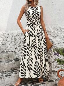 Vestido de verano sin mangas con cuello redondo, cintura ajustada y estampado todo sobre todo, para uso casual y vacaciones - Negro - Ver 6