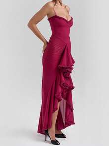Vestido Mujer Primavera Verano Estilo Europeo Tul Tirantes Irregular Liso Ajustado Estilo Picante Elegante para Fiesta - Burdeos - Ver 4