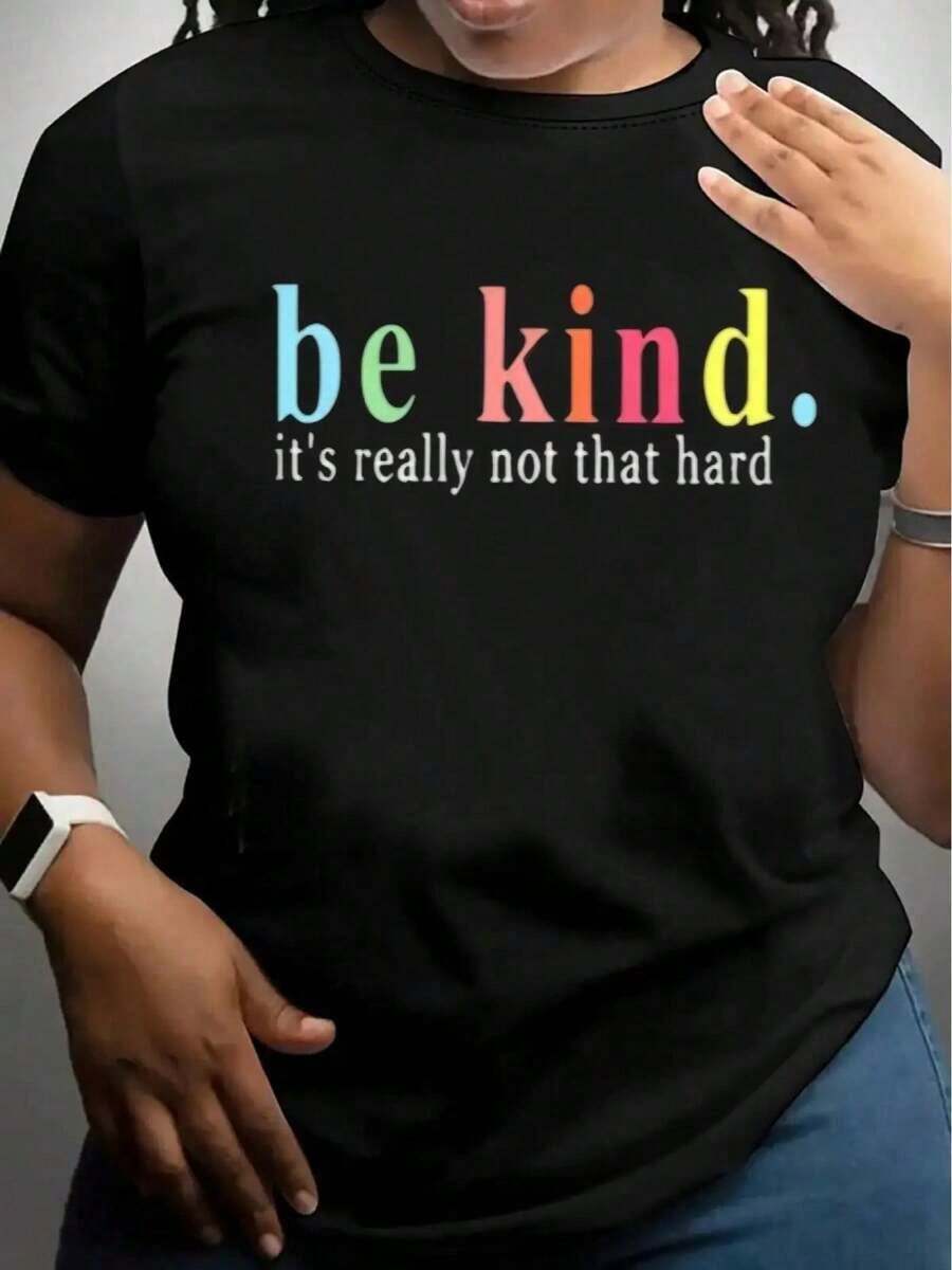 Women's Short-Sleeved T-Shirt With Round Neck, Featuring Colorful English Letter Prints, Soft And Flowy, Suitable For Daily Wear, Office, School, Vacation, Camping, Versatile Style, Making Your Summer More Vibrant And Colorful. - 黑色 - 查看 1