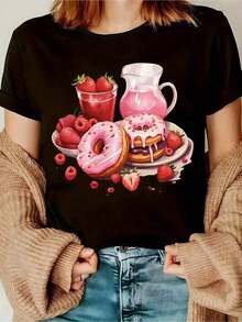 playeras de mujer algodon Camiseta de Mujer de Fresa y Donut - Estampado de Glaseado y Espolvoreo Rosa, Manga Corta Casual, Cuello Redondo, Lavable a Máquina, Ideal para Fiestas, Atuendos de Postres, Atuendos para Amantes de los Postres () >ropa - Negro - Ver 7