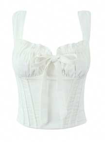 Top corto tirantes bandeja sexy estilo chica atrevida, con volantes de oreja de madera, lazo con cordón y corsé con huesos moldeadores - Blanco - Ver 5
