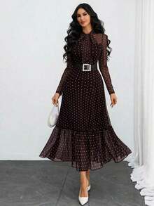 Vestido elegante, sexy y romántico de lunares retro de doble capa con lazo, adecuado para el trabajo, citas y vacaciones de primavera - Cafetería - Ver 4