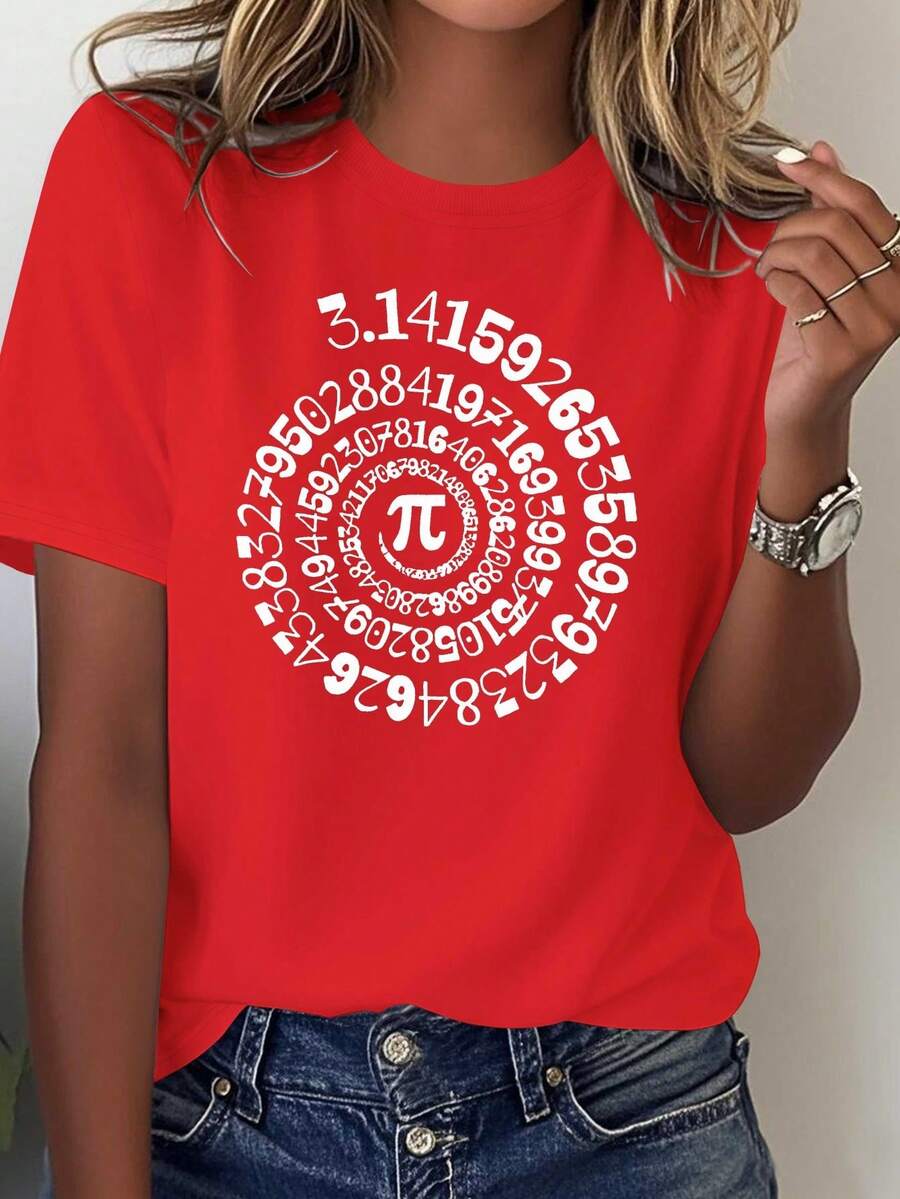 Women's Solid Color Patterns Pi Printed T-Shirt, Casual Short Sleeve Blouse, Versatile And Comfortable - Red - View 1