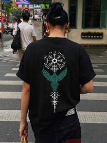 1件女款夏季寬鬆短袖T恤，復古美式指南針、烏鴉、符文印花，北歐維京神話主題黑色休閒T恤 - 黑色 - 查看 4