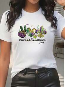 Camiseta Casual de Moda para Mujer con Diseño Festivo de Paz y Amor para Mardi Gras, Ideal para Celebraciones de Primavera y Verano, Regalo Perfecto para Amigos y Familiares. - Blanco - Ver 5