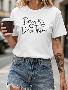 Camiseta moderna y minimalista para mujer, con estampado informal y diseño de sol dibujado a mano, manga corta, estilo relajado y casual, ideal para fiestas de verano para entusiastas del vino, uso diario informal. - Blanco - Ver 7