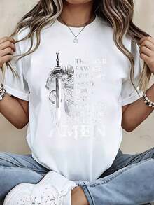 Camiseta con Estampado de Cruz Cristiana "God Dont Play About Me" Ropa Casual para Mujeres y Niñas Adecuada para Salidas Diarias y Actividades Ligeras - Estilo Urbano Vintage Unisex Camiseta de Manga Corta de Algodón 100% Algodón - Blanco - Ver 3