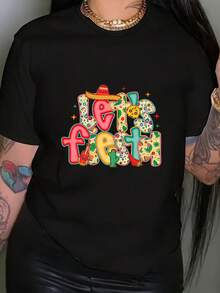 Women's T-Shirt With Floral Print, Featuring May 5th Flowers, Short Sleeves, Round Neck, Casual Style, Suitable For Summer And Spring, Women's Clothing, Women's Tops. - 黑色 - 查看 12