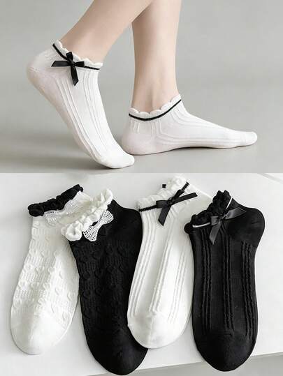 4 pares de calcetines cortos con lazo para mujer, calcetines cortos de encaje dulce en blanco y negro, calcetines suaves y lindos con corazón, adecuados para Lolita/uniforme JK, estilo versátil para campus/uniforme