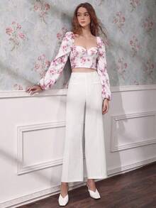 Pantalones Rectos De Verano Con Cintura Alta De Color Azul Claro - Blanco - Ver 6