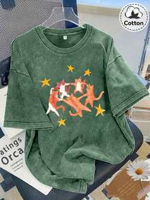 Women's 23G Distressed Retro T-Shirt With A Fun Orange Cat Dancing With Stars Design, Loose-Fitting Short-Sleeve Tee For Couples, Unisex, Easy To Wear And Perfect For Vacations. Lightweight Casual Summer Basic Tee For Ladies. - 白色 - 查看 1