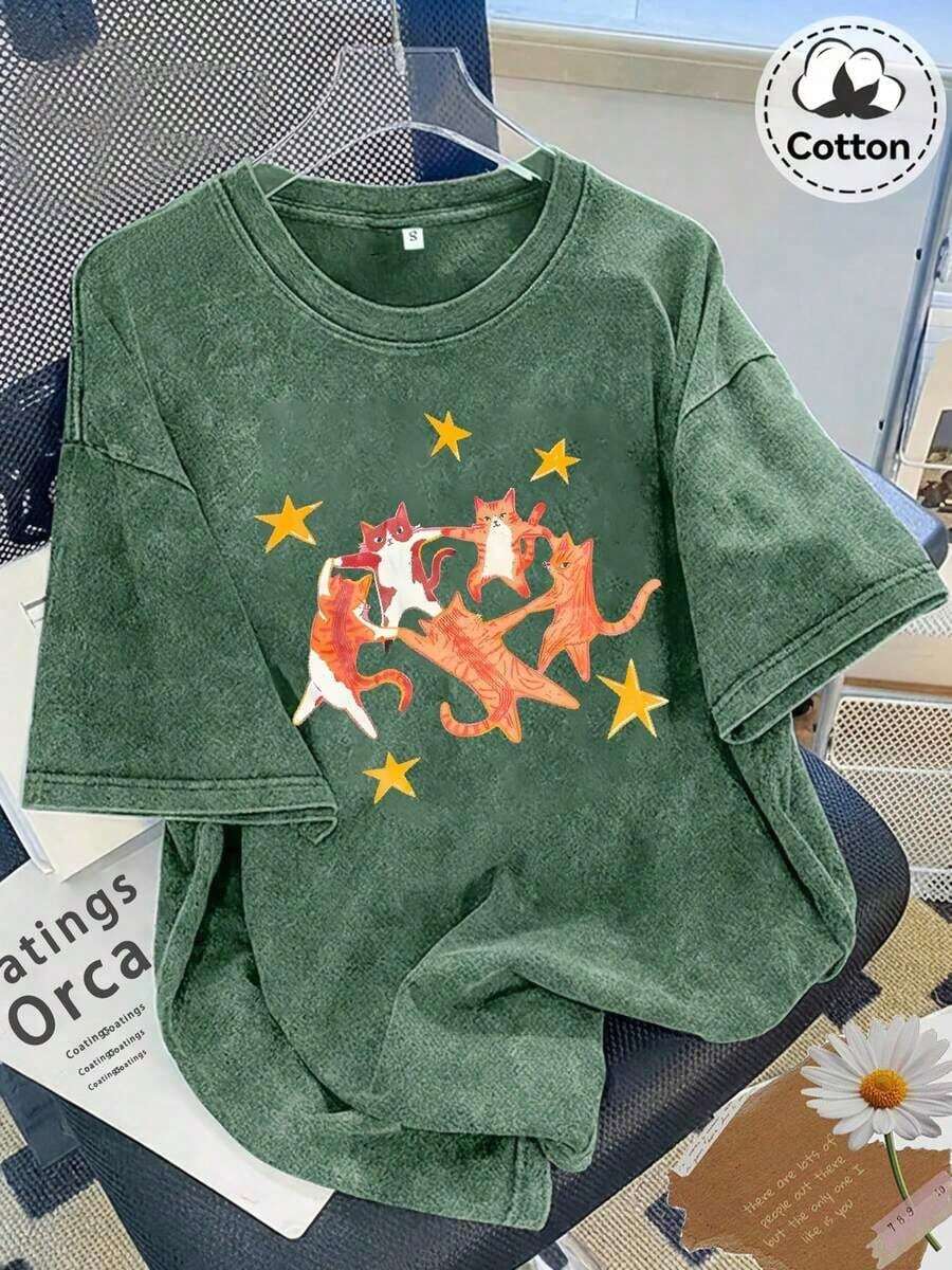 Women's 23G Distressed Retro T-Shirt With A Fun Orange Cat Dancing With Stars Design, Loose-Fitting Short-Sleeve Tee For Couples, Unisex, Easy To Wear And Perfect For Vacations. Lightweight Casual Summer Basic Tee For Ladies. - 白色 - 查看 1