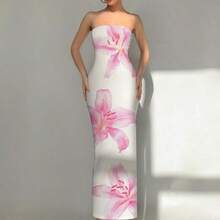 YijiaNvz  Vestido largo elegante con estampado floral de lirio para mujer, adecuado para la playa, resort, citas elegantes y románticas, festivales de música, vacaciones de primavera - Rosa - Ver 2