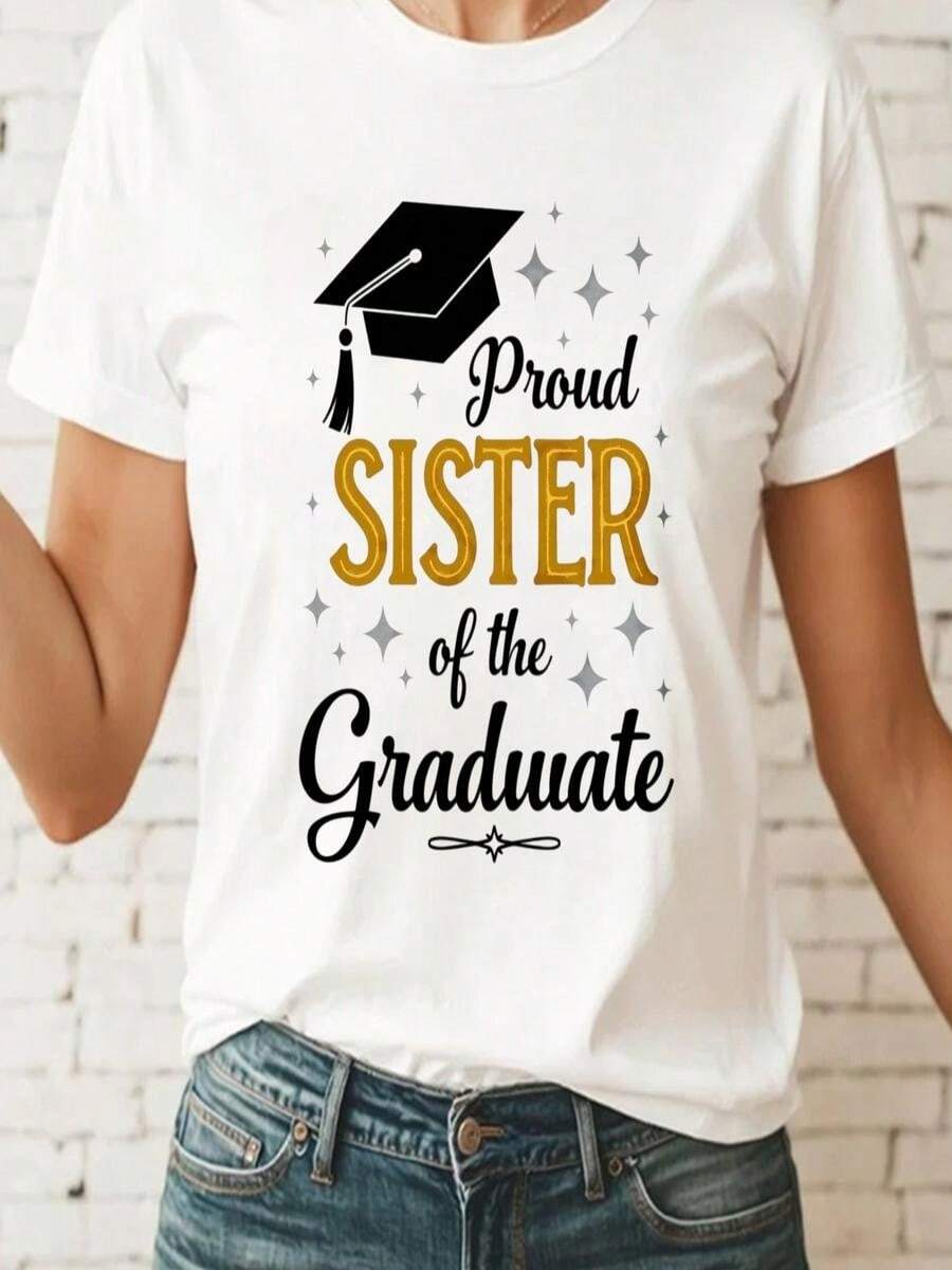 1 pieza, hermana orgullosa de la graduación femenina, playera casual de verano para celebrar el fin de estudios, cómoda y transpirable. - Blanco - Ver 1