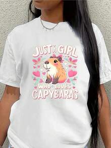 Camiseta de manga corta de poliéster, estampada con un diseño de "capibara", adecuada para uso casual en casa o al aire libre; diseño ligero y duradero, una opción ideal para amantes de los animales. - Blanco - Ver 7