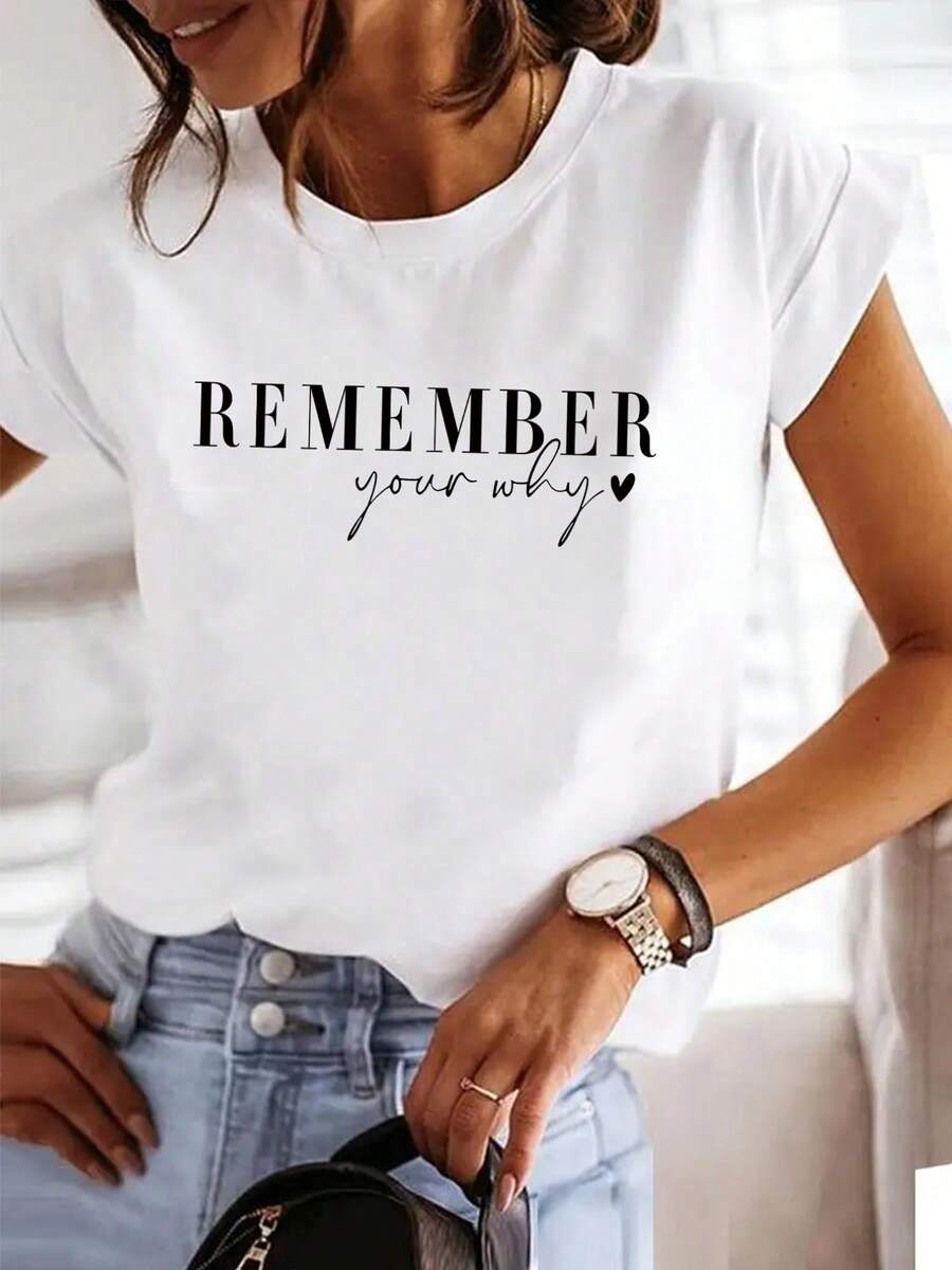 Women's T-shirt Top de manga corta para mujer, ajustado, con cuello redondo y estampado de letras. - Blanco - Ver 1