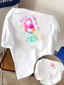 Camiseta casual de manga corta para mujer, con estampado frontal y trasero, temática de fútbol, ideal para el día del partido, cuello redondo, adecuada para verano y primavera, ropa de mujer 100% algodón. - Blanco - Ver 1