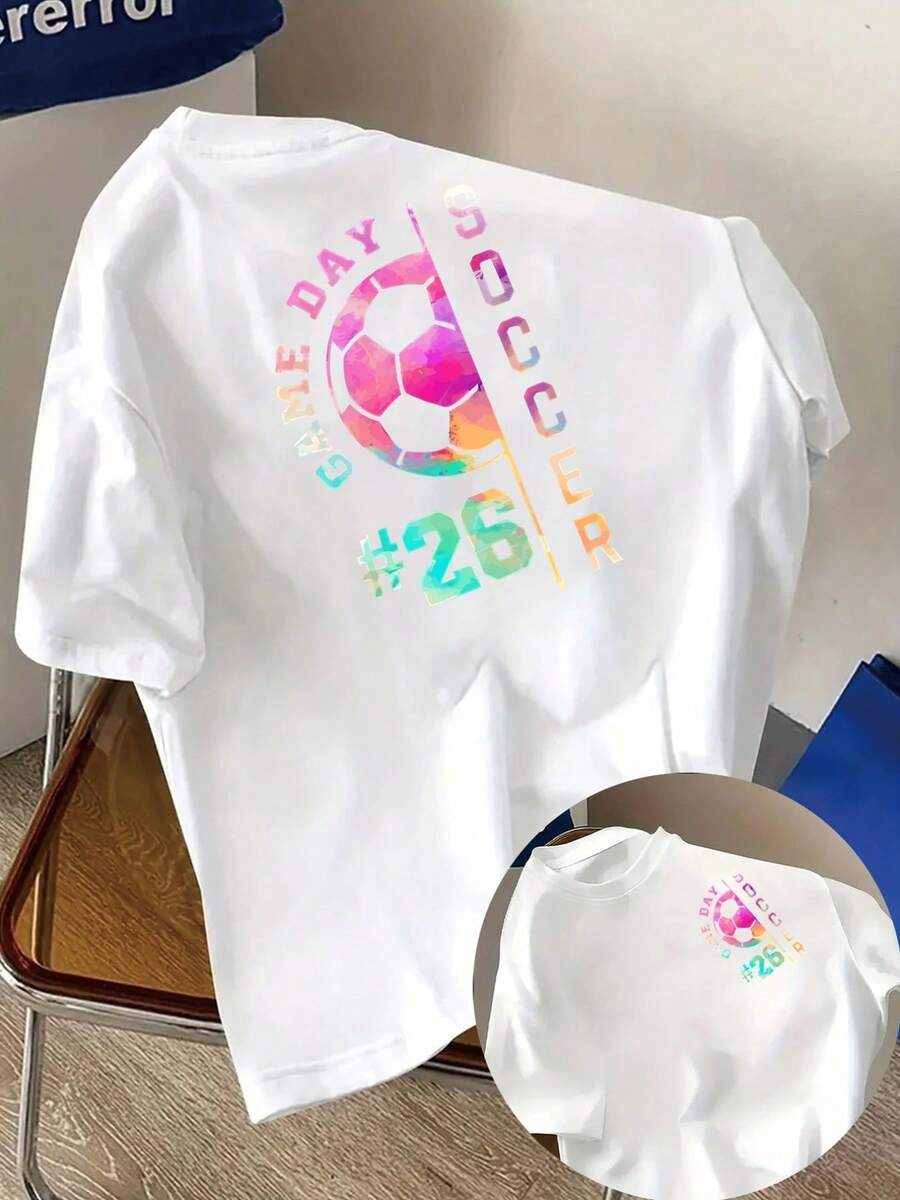 Camiseta casual de manga corta para mujer, con estampado frontal y trasero, temática de fútbol, ideal para el día del partido, cuello redondo, adecuada para verano y primavera, ropa de mujer 100% algodón. - Blanco - Ver 1