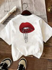 Camiseta de manga corta con estampado frontal y trasero, labios rojos y joyas, colgante en forma de corazón, top casual moderno para mujer, camiseta casual de manga corta con cuello redondo, adecuada para verano y primavera, ropa de mujer 100% algodón. - Blanco - Ver 2
