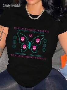 Camiseta de Cuello Redondo Negra para Mujer de Talla - Texto Atrevido Be Wildly Objective Protective con Diseño de Patrón Rosa y Verde - Camiseta Suave de Manga Corta para Uso Diario - Camiseta Casual Lavable aáquina, para Citas, Uso Diario y Regalos, Patrón Geométrico, Ajuste Cómodo - Camiseta Unisex de Algodón de Manga Corta y Cuello Redondo de Estilo Urbano Vintage - Negro - Ver 2